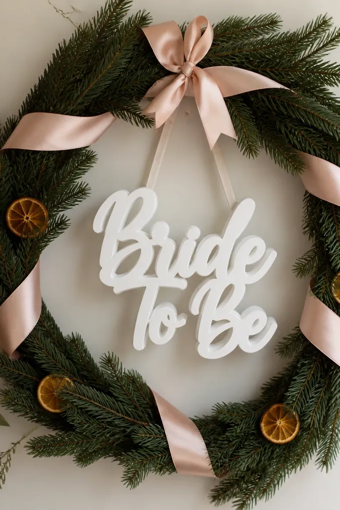 A simple wreath frame made from dark green faux evergreen branches is wrapped with blush satin ribbon. A white foam "Bride To Be" plaque hangs in the center, and small dried orange slices are tucked between greenery.