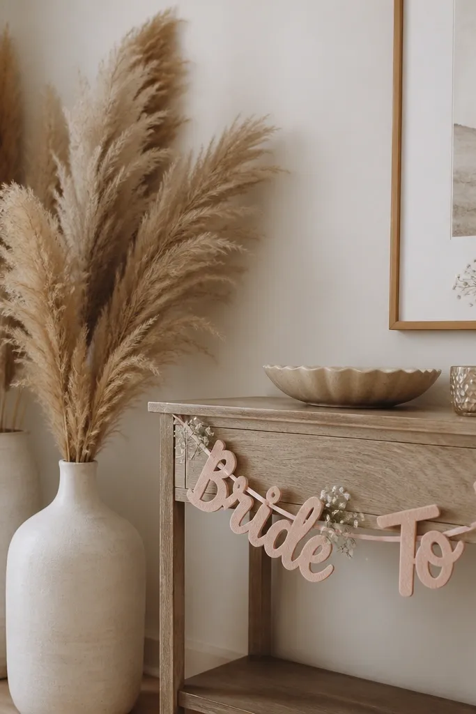 A corner of the room has two tall vases filled with dried pampas grass. A blush felt banner reading "Bride To Be" hangs across a small console, with a few white baby's breath sprigs tucked in.
