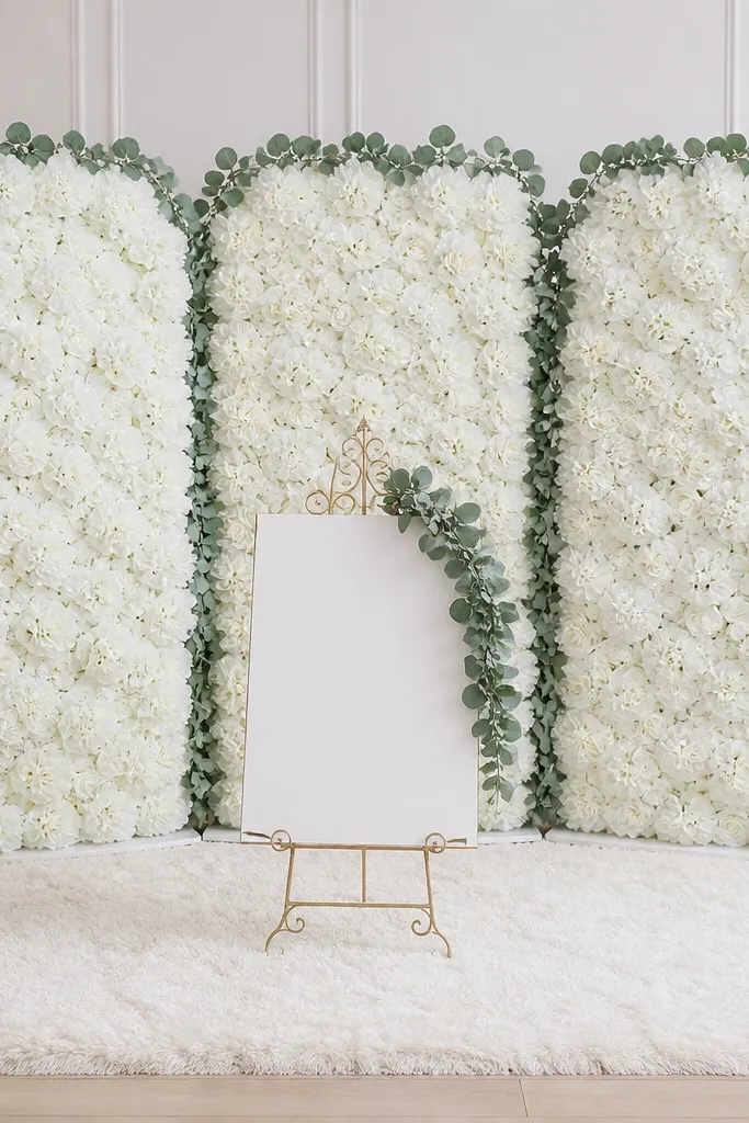 Three freestanding white flower panels create a wall behind a small welcome sign. The edges have light green eucalyptus leaves, and the floor has a soft ivory rug underneath.