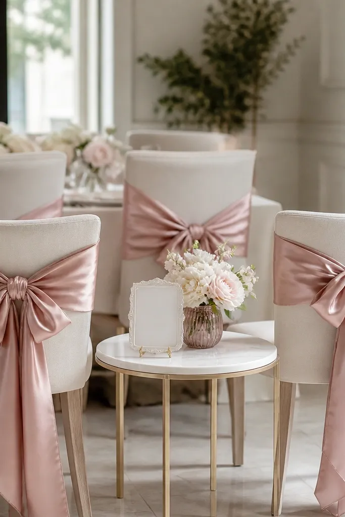 Several dining chairs at a welcome area have soft rose satin sashes tied in a bow at the back. A small "Bride To Be" sign sits on a table between the chairs.
