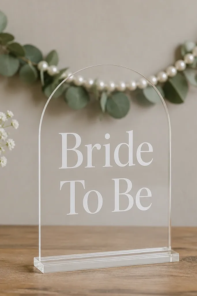 A clear acrylic stand sign reads "Bride To Be" in frosted white vinyl letters. Behind it, a simple garland of white pearls and eucalyptus hangs on a neutral wall.