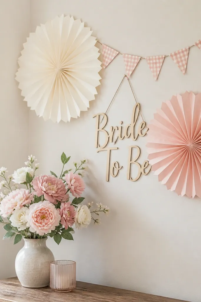 A welcome wall corner has two large paper fans in soft ivory and blush. A small gingham banner sits above a "Bride To Be" sign, and faux flowers in white and pink fill a vase below.