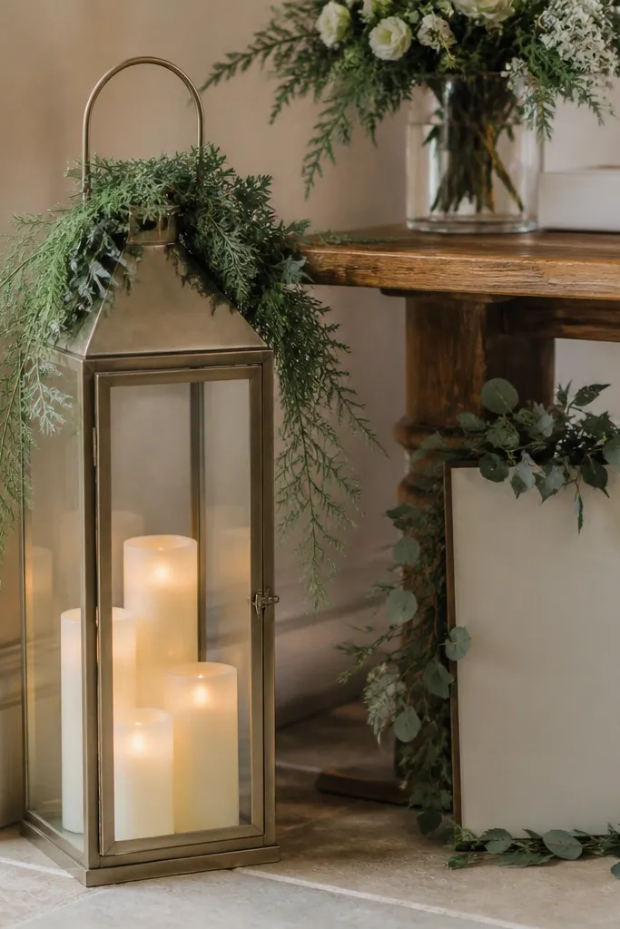 A tall metal lantern sits on the floor near a welcome table, filled with warm LED candles. Evergreen sprigs wrap around the lantern handle, and a "Bride To Be" sign leans against the table.
