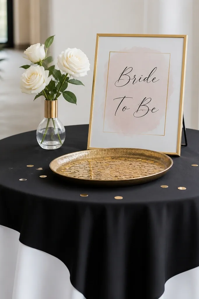A sleek welcome table has a black cloth overlay on a white base. A gold confetti tray sits near a standing "Bride To Be" sign, and small white roses are placed in a minimalist vase.