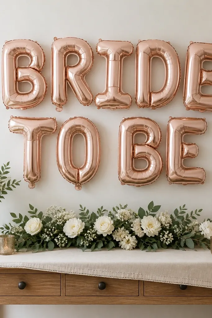 A cluster of rose gold foil balloons spells "BRIDE TO BE" above a neutral garland base made of white flowers and greenery. The scene sits on a small console table with a linen runner.