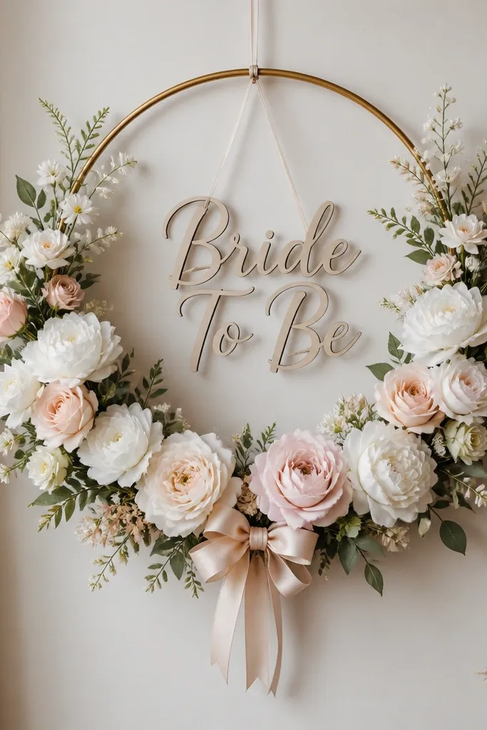 A circular hoop wreath hangs on a wall, filled with white and blush faux flowers. A "Bride To Be" sign hangs from the hoop center, and a small ribbon bow sits at the bottom.
