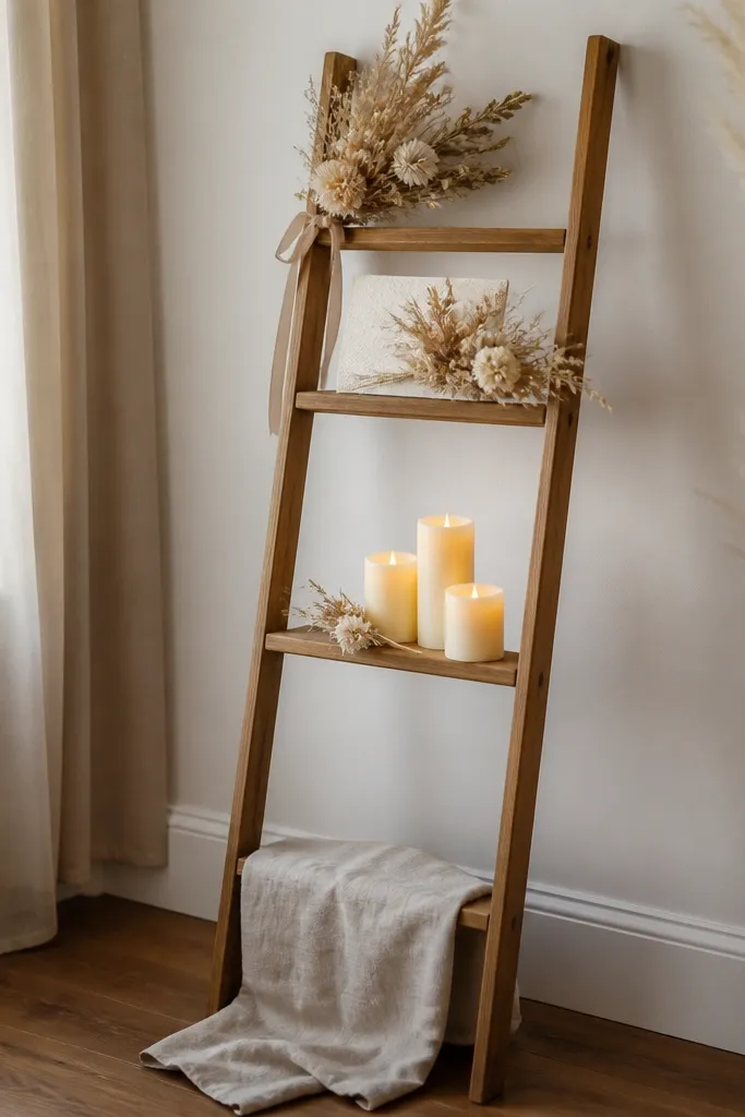A small wooden ladder shelf leans against a wall. Different rungs hold dried flowers, a "Bride To Be" sign, and warm LED candles, with a neutral linen runner on the bottom.