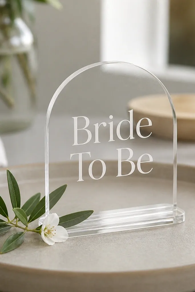 A tabletop setup has a small clear acrylic stand sign reading "Bride To Be." A single fresh-looking green sprig and a tiny white bloom sit beside it on a neutral tray.