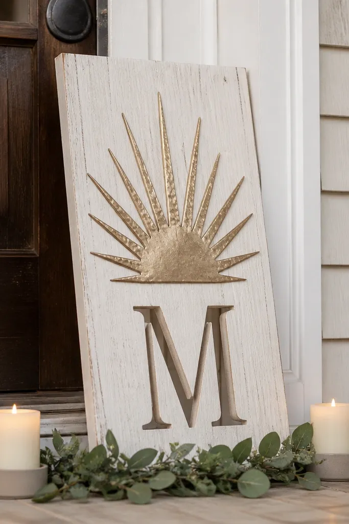A reclaimed wood plank leaned against a front door, painted warm white with visible grain. A sunburst shape is cut from thin faux brass sheet and centered above a large monogram cutout. The sunburst has small hammered-texture lines that catch light, with a thin greenery garland tucked at the bottom edge and two small cream pillar candles in matte holders on either side.