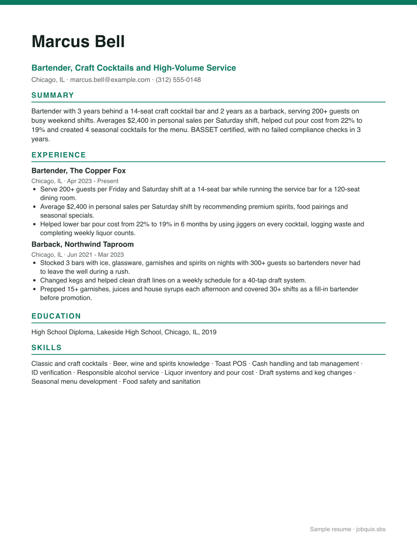 Bartender resume example preview