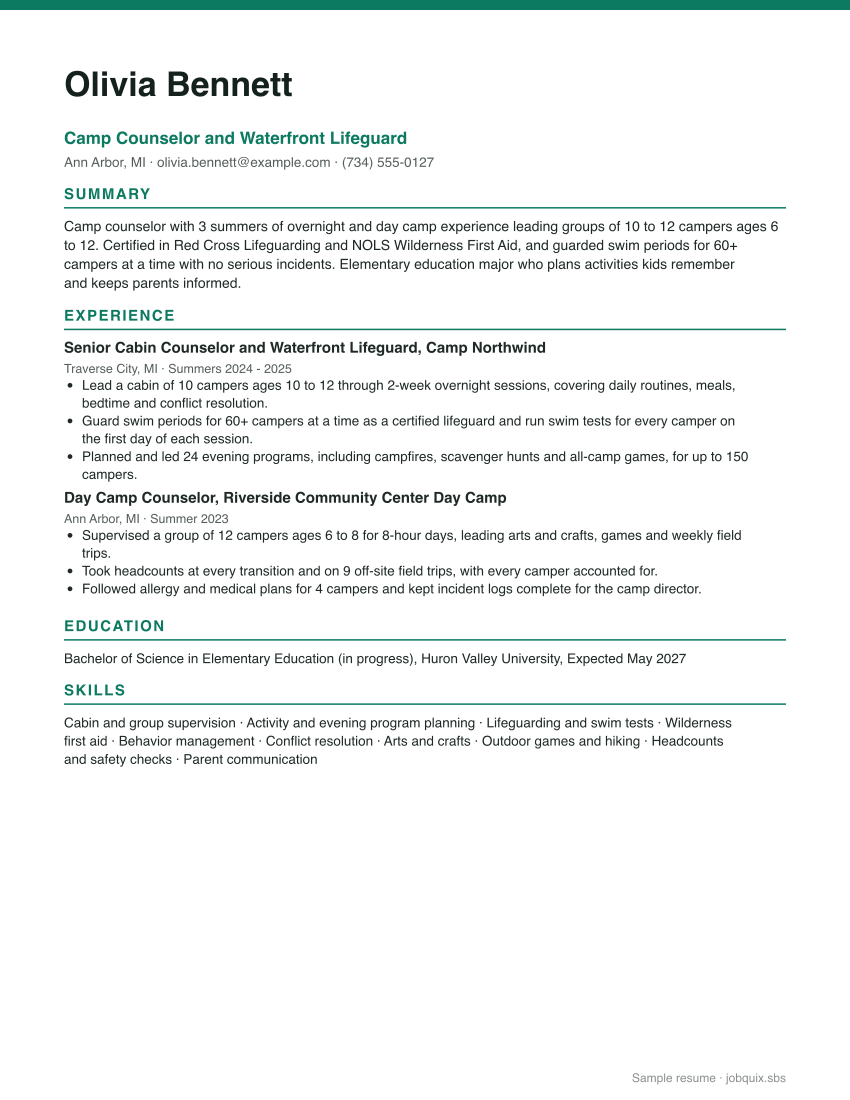 Camp Counselor resume example preview