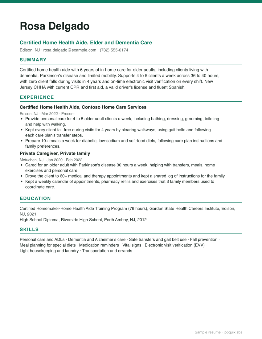 Caregiver resume example preview