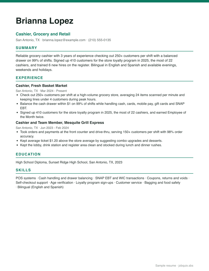 Cashier resume example preview