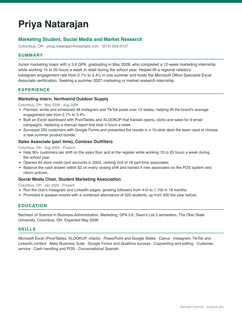 College Student resume example preview