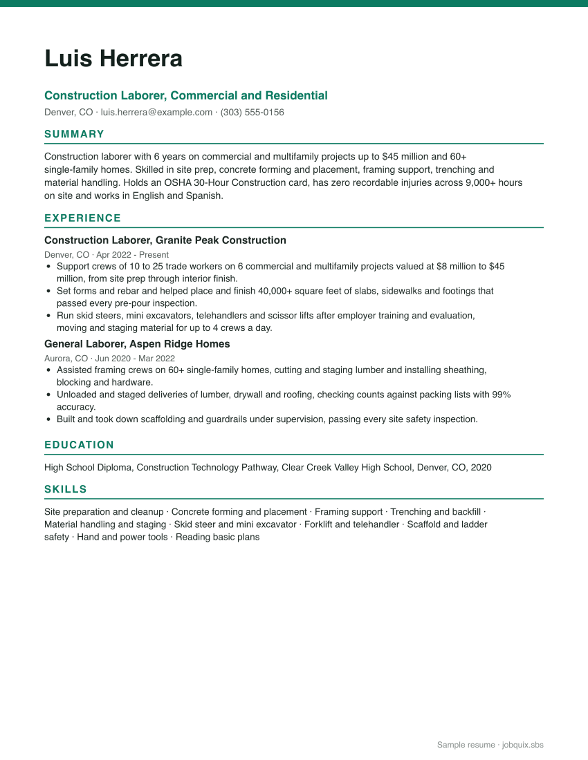 Construction Worker resume example preview