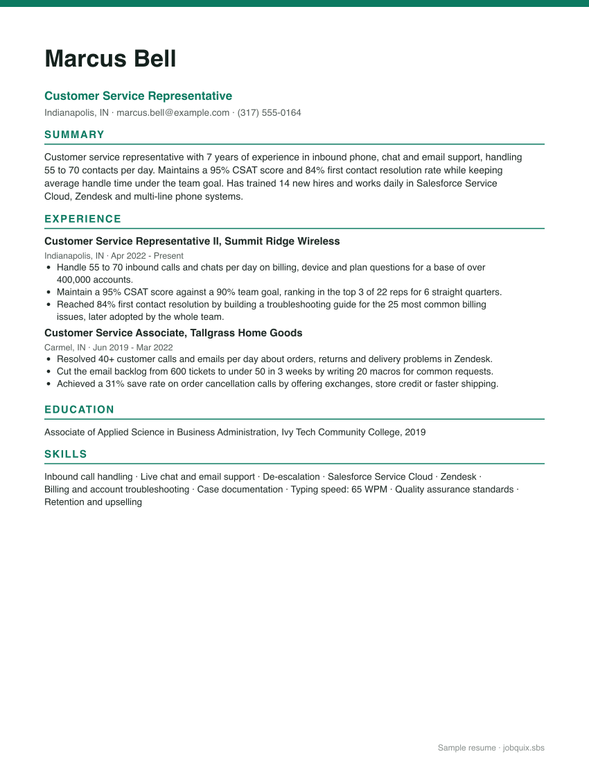 Customer Service Representative resume example preview