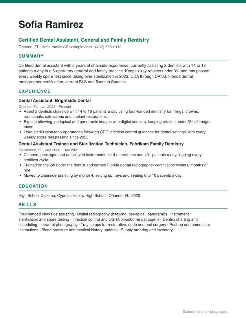Dental Assistant resume example preview