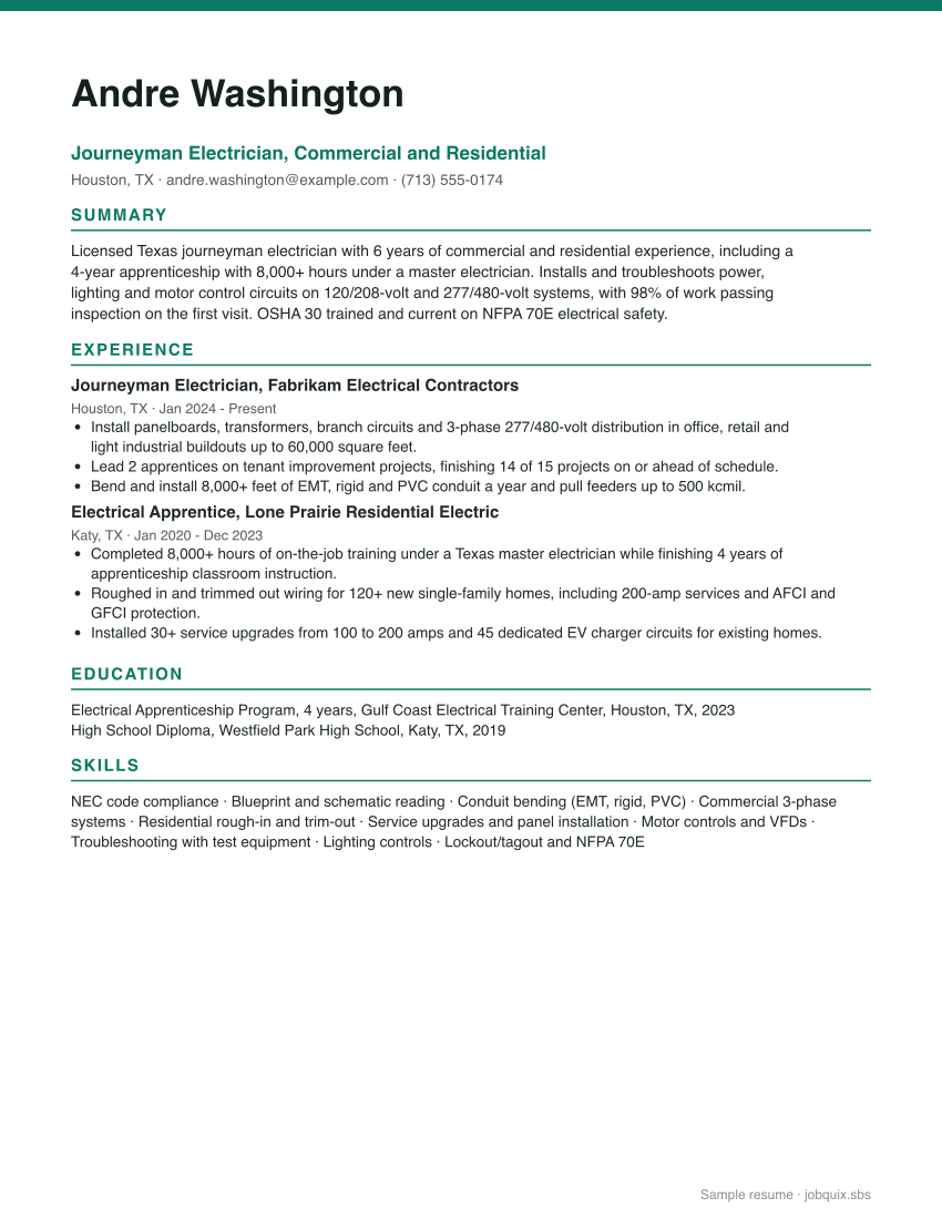 Electrician resume example preview