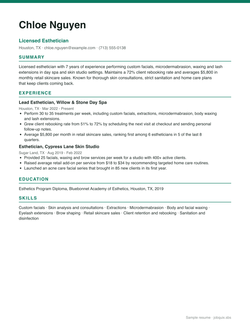 Esthetician resume example preview