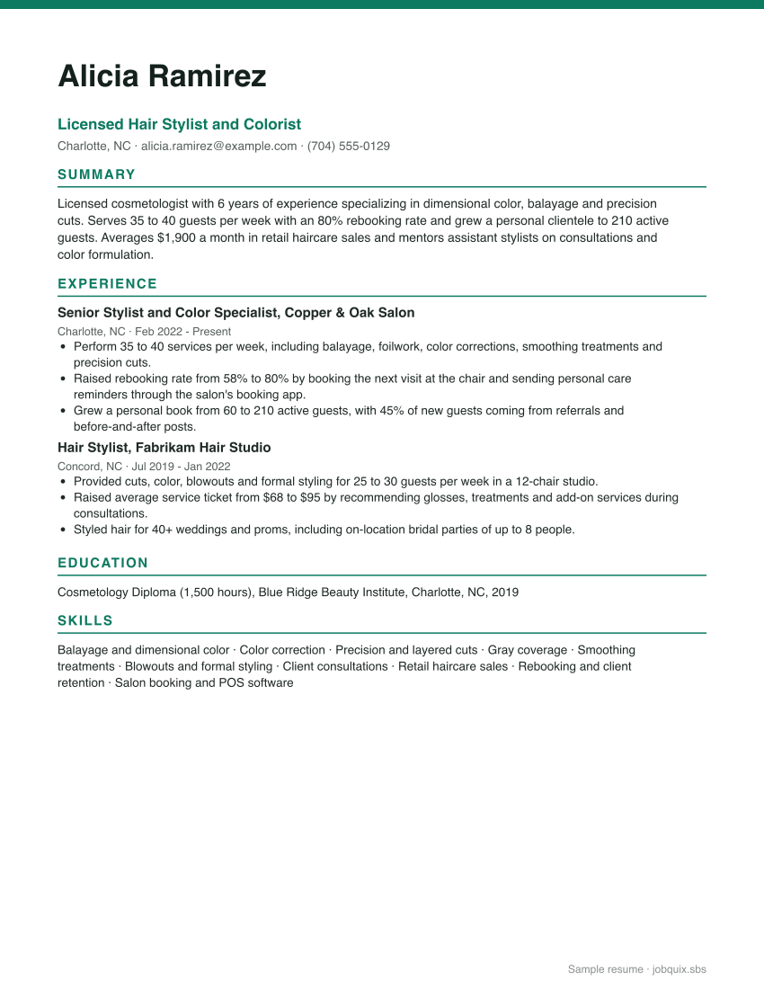 Hair Stylist resume example preview