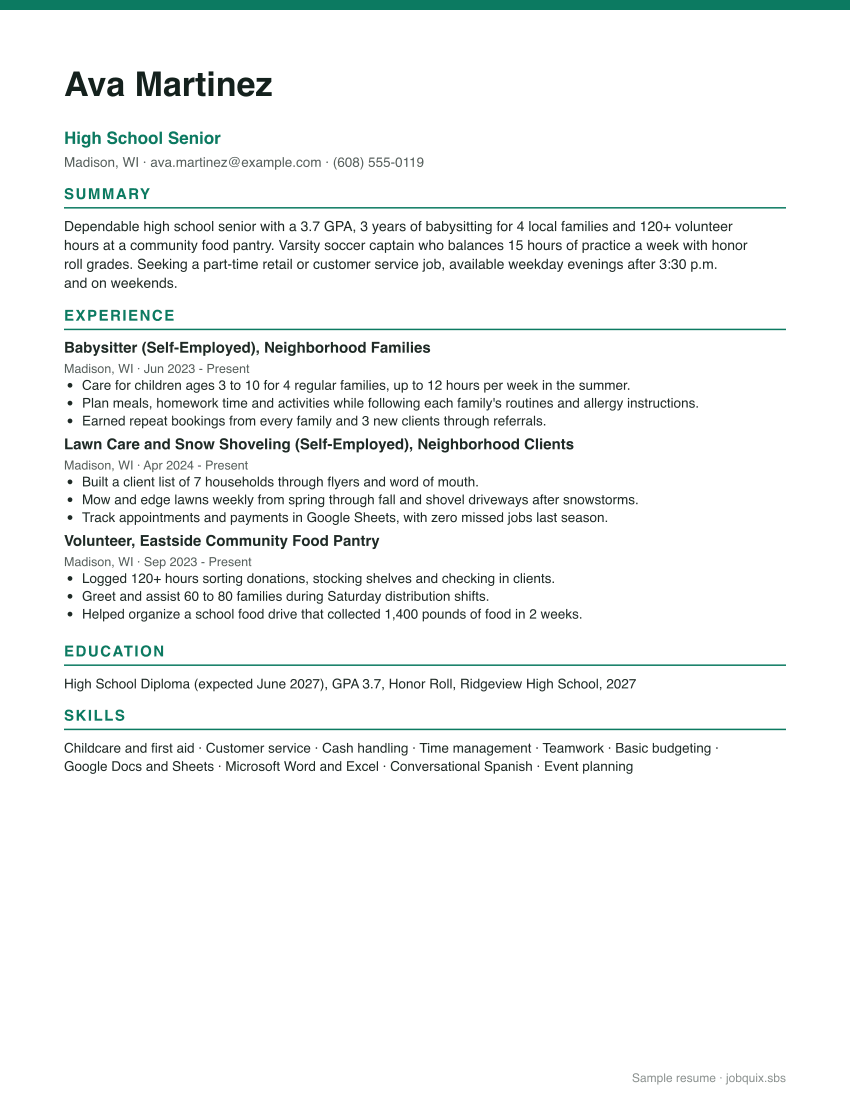 High School Student resume example preview