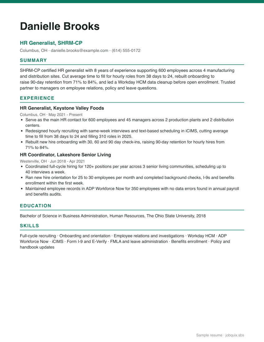 Human Resources resume example preview