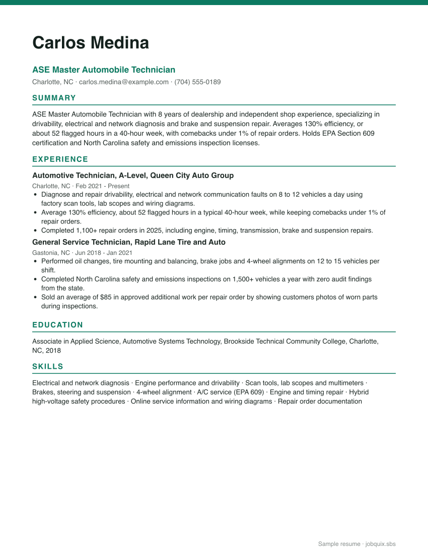 Mechanic resume example preview