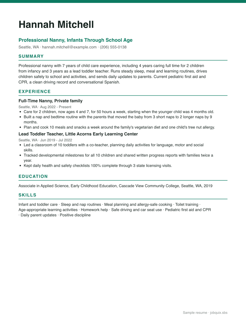Nanny resume example preview