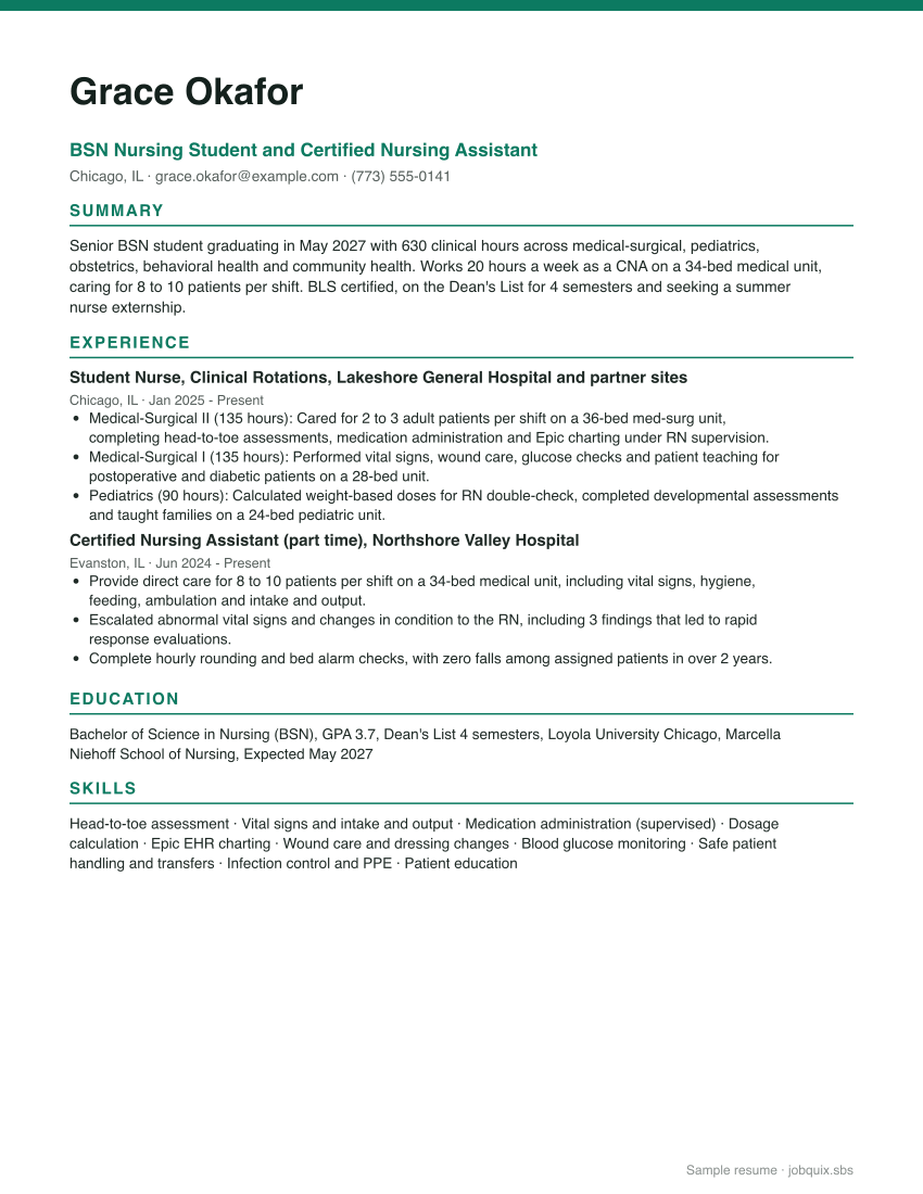 Nursing Student resume example preview