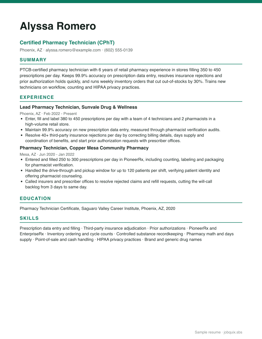 Pharmacy Technician resume example preview