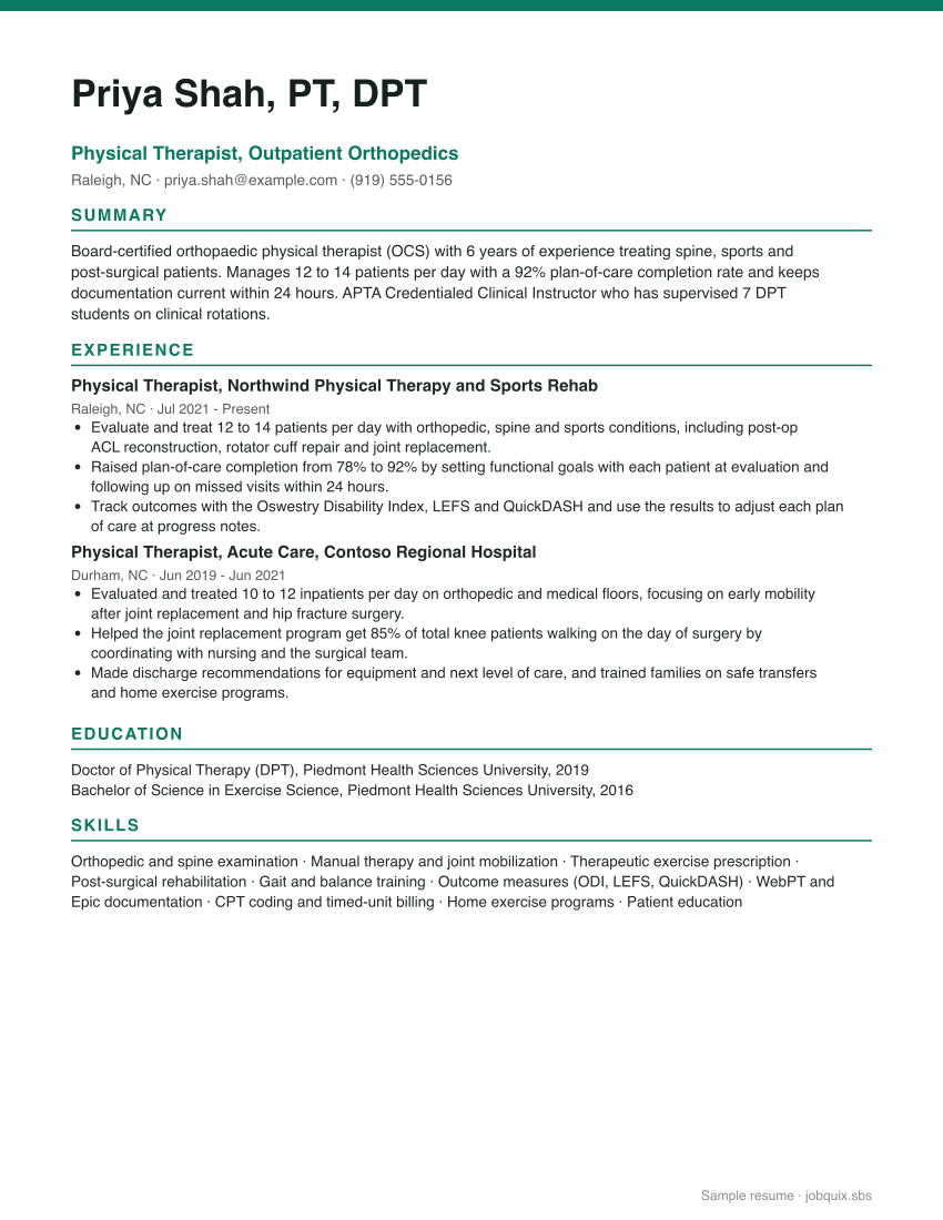 Physical Therapist resume example preview