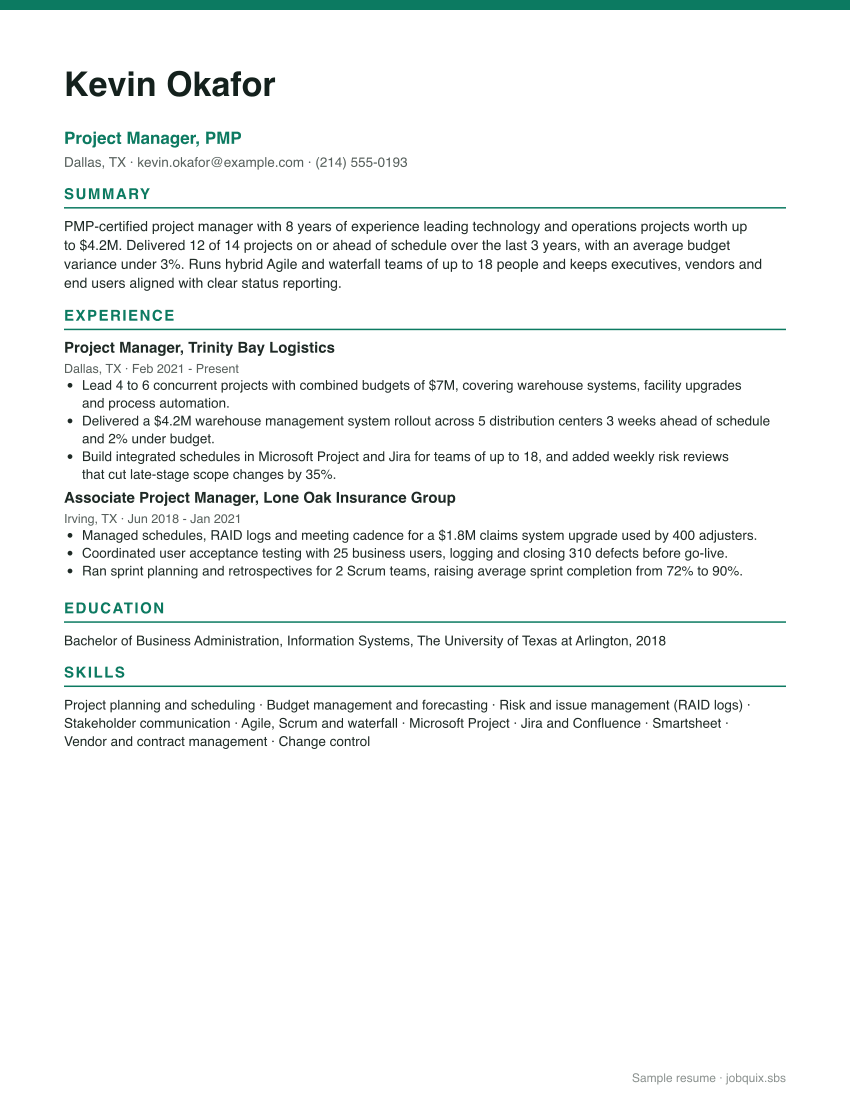 Project Manager resume example preview