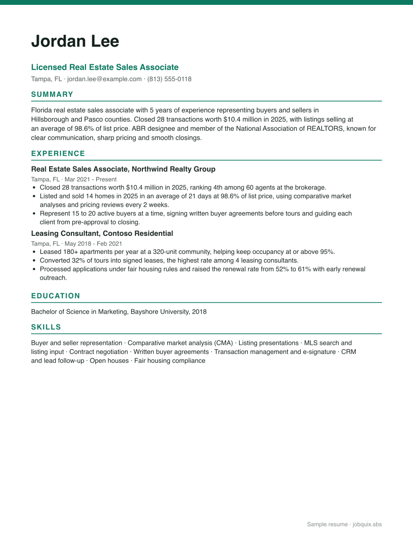 Real Estate Agent resume example preview