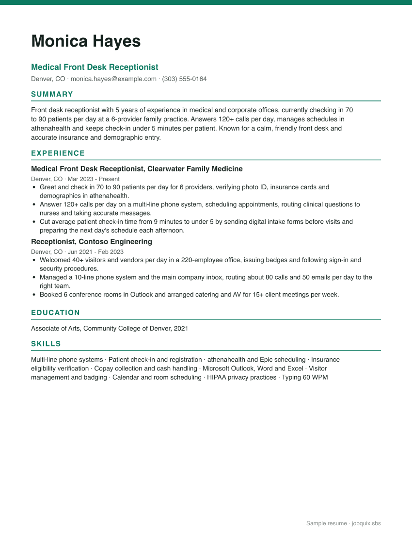 Receptionist resume example preview