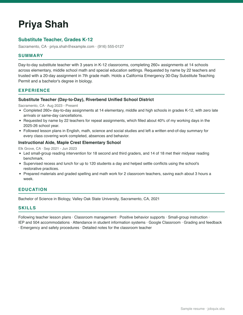 Substitute Teacher resume example preview