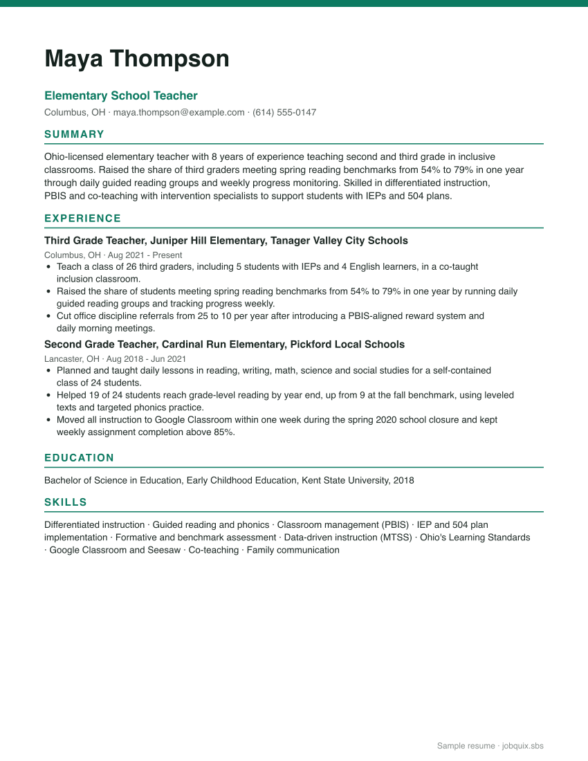 Teacher resume example preview