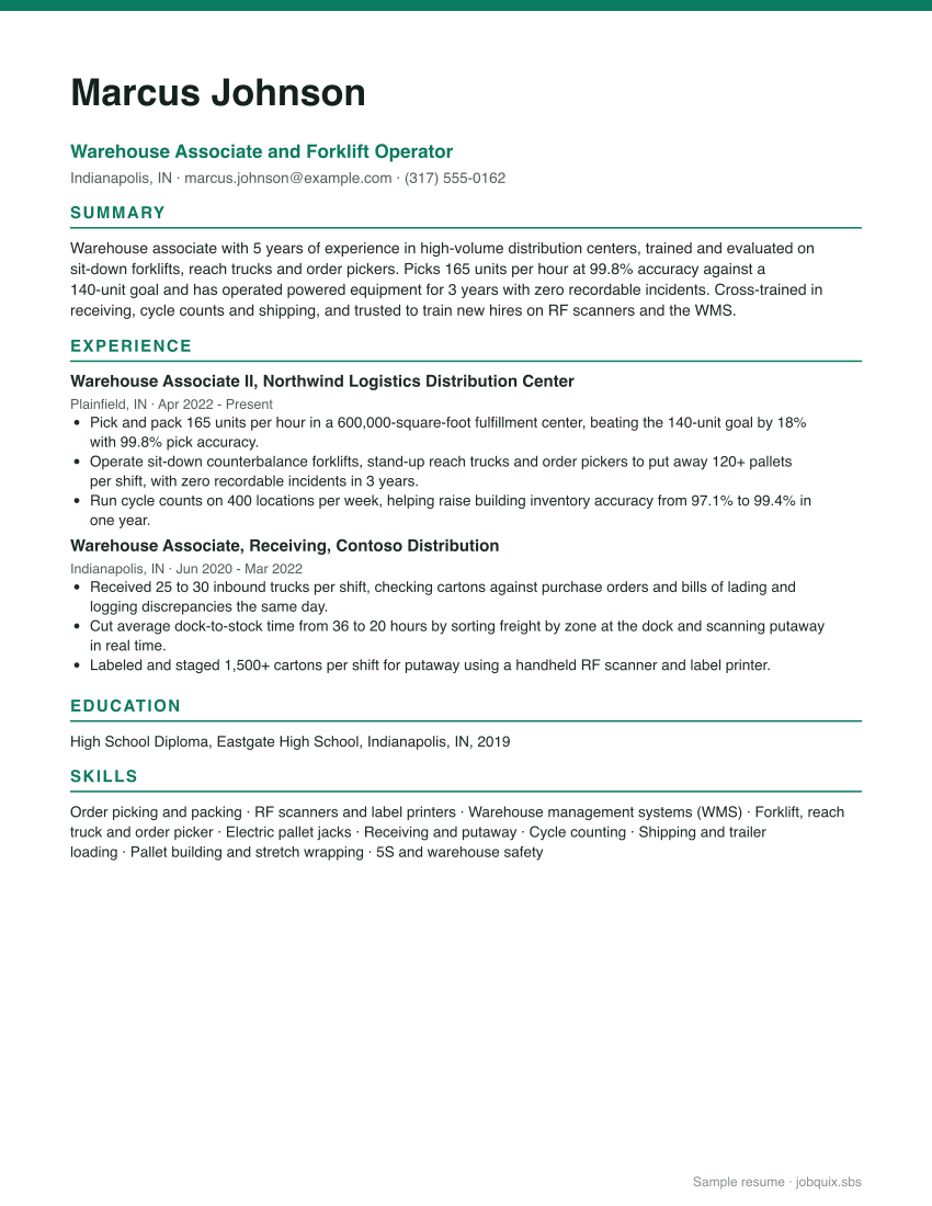 Warehouse Worker resume example preview