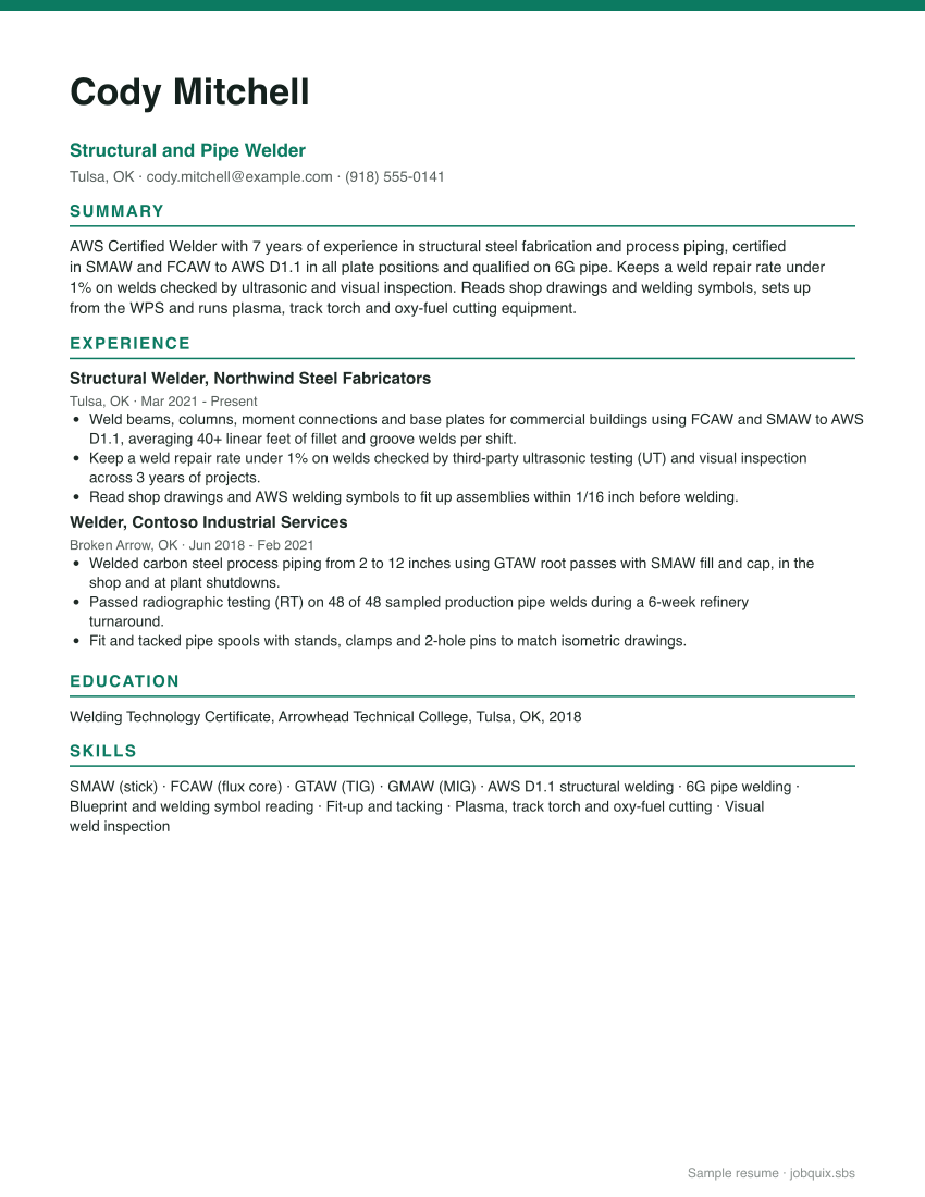 Welder resume example preview